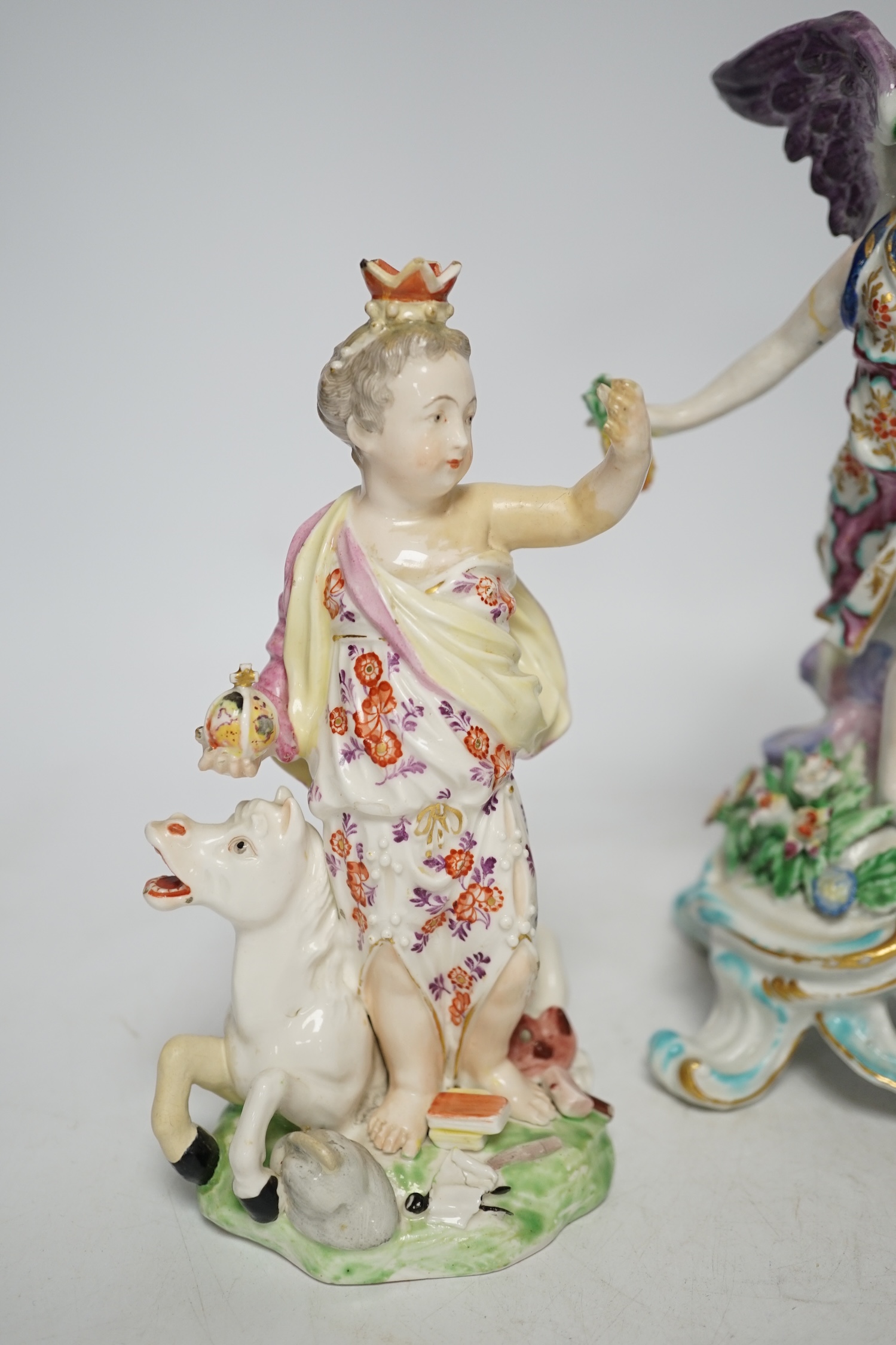 A Bow porcelain figure of Fame, c.1760-5 and two Derby figures emblematic of Europe and Autumn, c.1760-70, tallest 21cm (3)